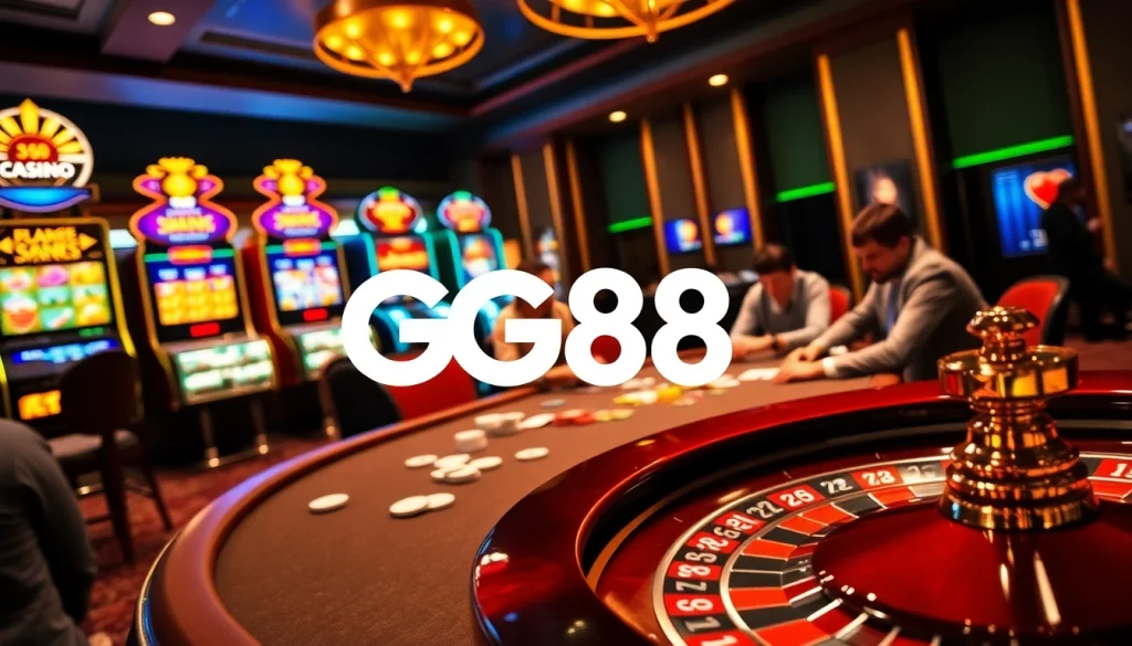 Players enjoying poker at GG88’s luxurious casino setting with vibrant slot machines and roulette.