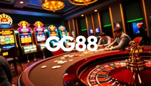 Players enjoying poker at GG88’s luxurious casino setting with vibrant slot machines and roulette.