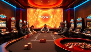 Haywin casino players strategizing at a poker table, surrounded by colorful slot machines.