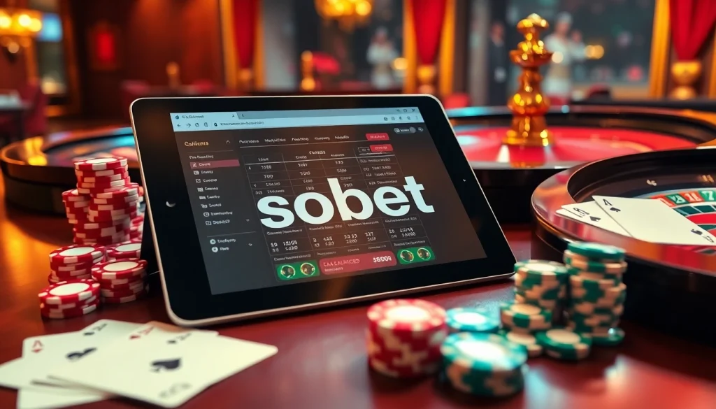Explore a vibrant online gambling scene featuring link alternatif sbobet with poker chips, cards, and a roulette wheel.