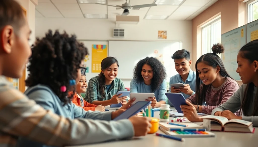 Dynamic education scene with students collaborating in a modern classroom