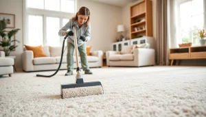 Expert performing carpet cleaning roseville ca in a bright, modern living room with advanced equipment.