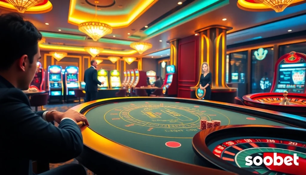 SBOBet engages players at a luxurious baccarat table in a vibrant casino atmosphere.