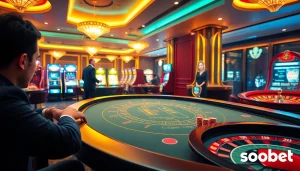 SBOBet engages players at a luxurious baccarat table in a vibrant casino atmosphere.