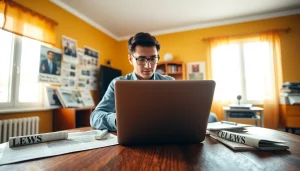 Journalist analyzing Usa Today articles in a cozy office environment.