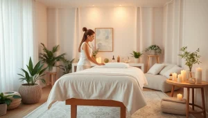 출장마사지 테라피스트가 차분한 분위기의 편안한 가정 마사지 공간을 준비하는 모습.