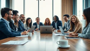 Hire sales reps showcasing a professional team engaging with clients in a bright office.