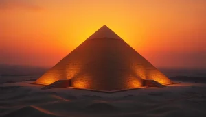 Explore the majestic piraminds illuminated by a golden sunset over the desert landscape.