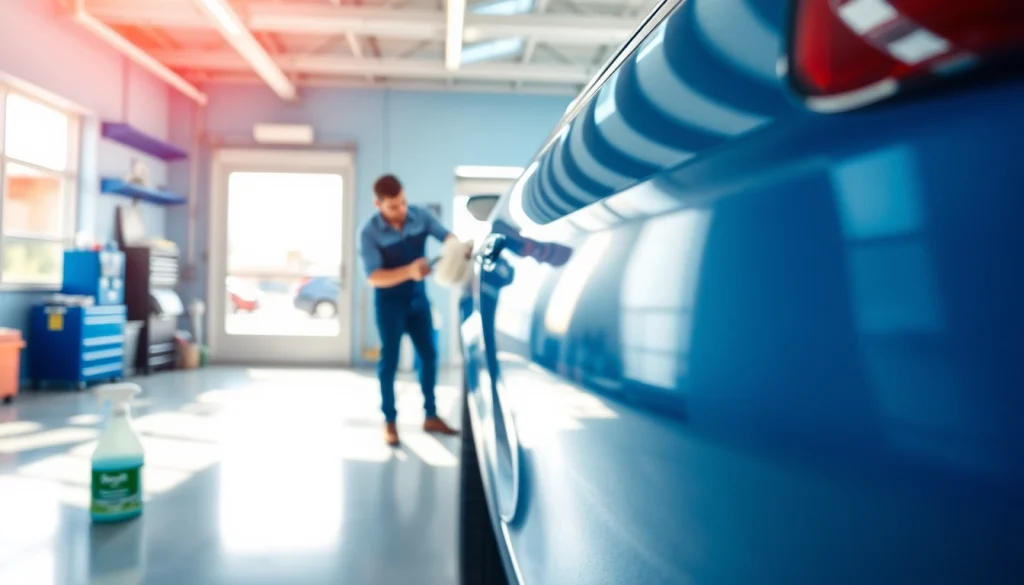 Best car detailing Chattanooga TN service technician polishing a car in a bright garage.