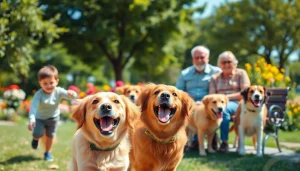 Speelse honden spelen op https://hondenverzorgers.nl, met een lachende familie in het park.