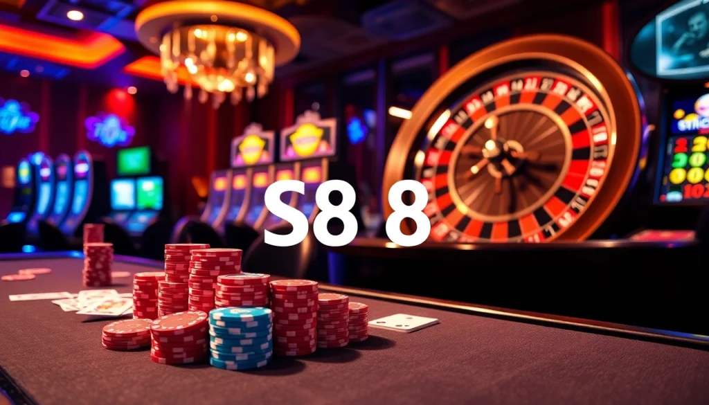 Players enjoying the thrill of gambling at the S88 casino table with vibrant chips and live action.