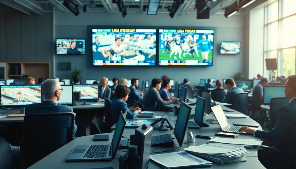 Journalists capturing breaking news in a vibrant newsroom setting, emphasizing Usa Today coverage.