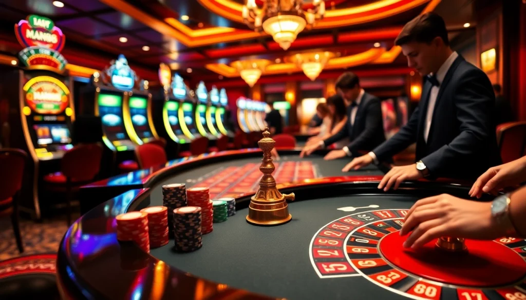 Experience high-stakes excitement at Man88's lavish casino tables with vibrant poker chips.