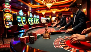 Experience high-stakes excitement at Man88's lavish casino tables with vibrant poker chips.