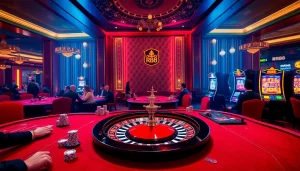 Players enjoying casino games at RR88, featuring vibrant tables and a roulette wheel.