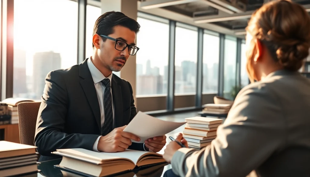 Menggambarkan brio4d saat pengacara memberikan konsultasi kepada klien di kantor modern.