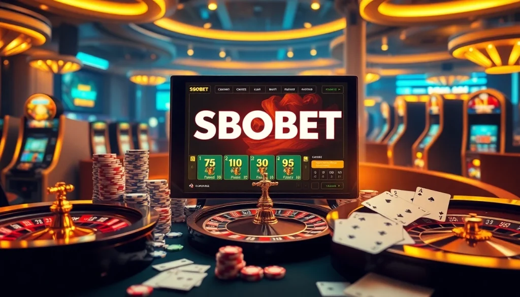 SBOBET online gaming interface with vibrant poker chips and a roulette wheel, showcasing excitement.