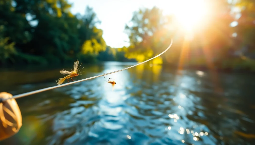 Catch a glimpse of a fly fishing line gracefully soaring above a tranquil river scene.