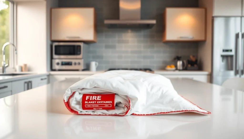 Ensure safety with a fire blanket strategically placed for easy access in an elegant kitchen setting.