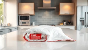 Ensure safety with a fire blanket strategically placed for easy access in an elegant kitchen setting.
