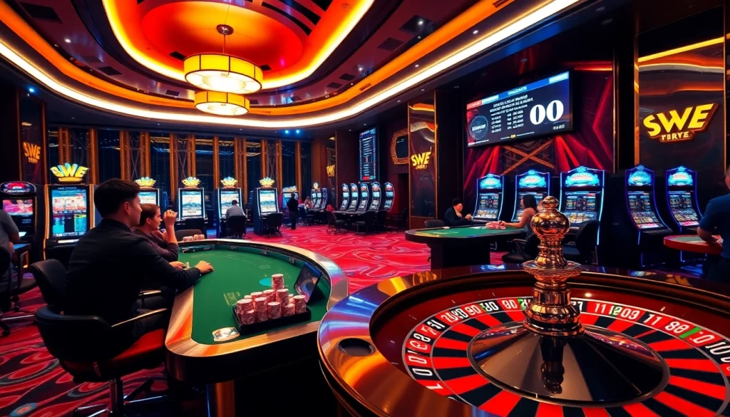 Engage in thrilling gameplay at LV88's modern online casino, showcasing vibrant slot machines and poker tables.
