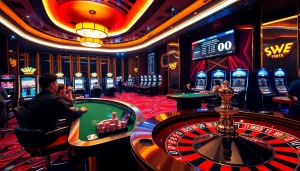 Engage in thrilling gameplay at LV88's modern online casino, showcasing vibrant slot machines and poker tables.