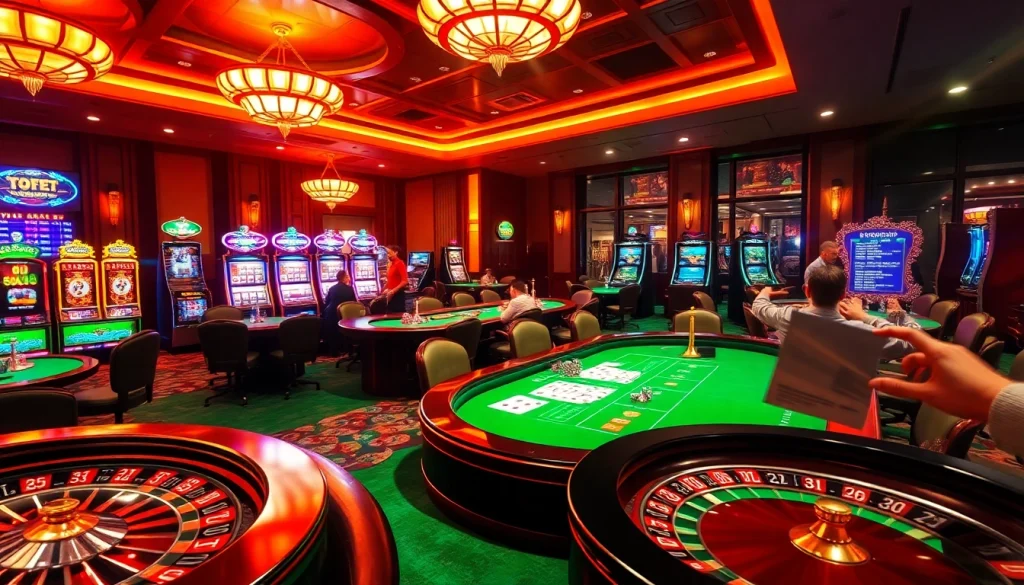 Sbobet online betting scene featuring vibrant casino tables and luxury slot machines.