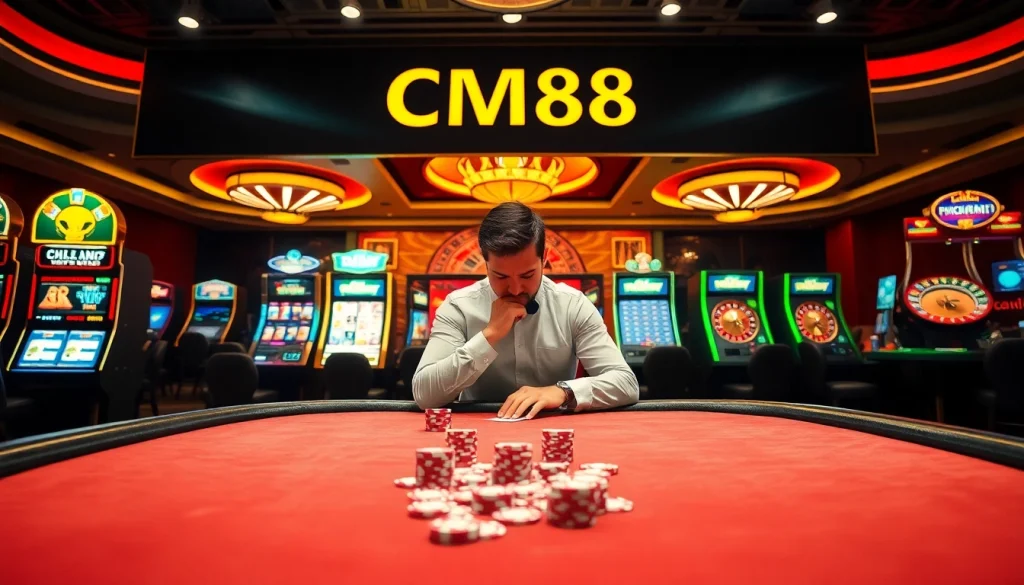 Engaging poker scene with the keyword CM88, featuring colorful chips, illuminated tables, and intense gameplay.