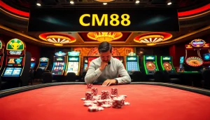 Engaging poker scene with the keyword CM88, featuring colorful chips, illuminated tables, and intense gameplay.