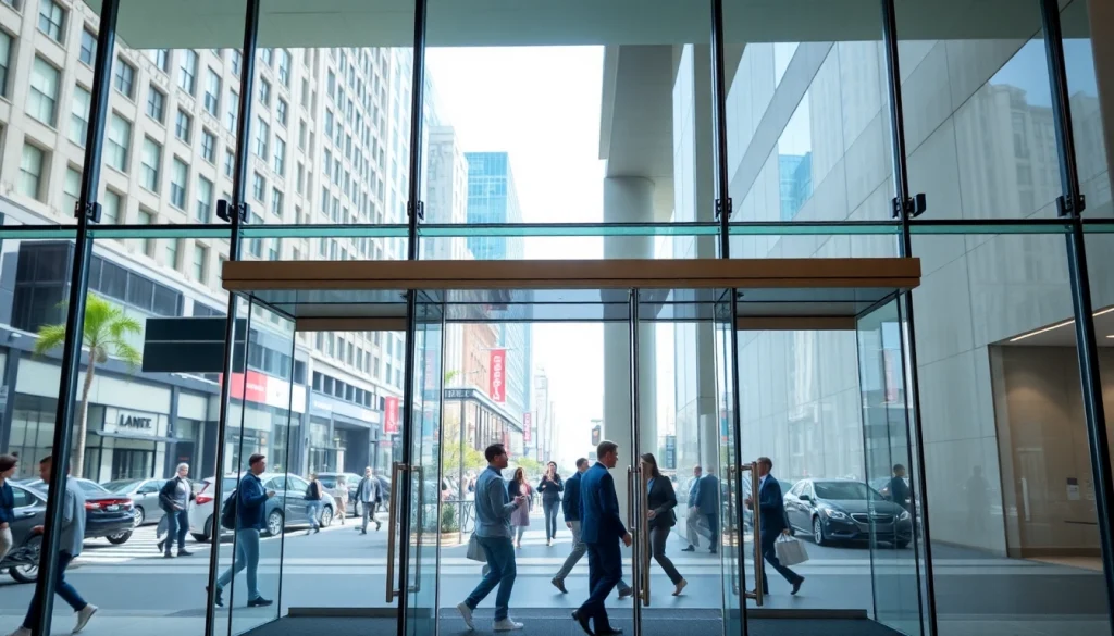 Showcasing Evolution Entrance Systems in a modern commercial environment with sleek automatic doors.