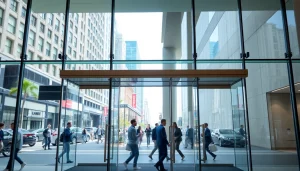 Showcasing Evolution Entrance Systems in a modern commercial environment with sleek automatic doors.