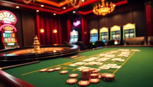 Engaging casino scene showcasing an mmoo-themed gambling setup with poker chips and a roulette wheel.