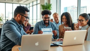 Travelers engaged in the uk eta online application, showcasing a modern workspace.