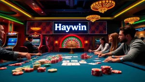 Exciting gaming atmosphere featuring Nhà cái Haywin with vibrant tables and colorful bets.