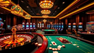 Naga169 aman: Engaging slot machines and table games in a vibrant casino setting showcasing high-stakes gambling.