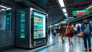 Innovative vending machine showcasing advanced technology by top 10 vending machine manufacturers in a busy subway station.