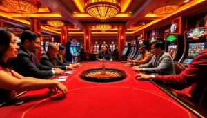 SODO Casino features players enjoying engaging games like poker and roulette in an elegant setting.