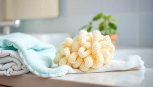 Using a makeup remover loofah for gentle cleansing in a serene bathroom setting.