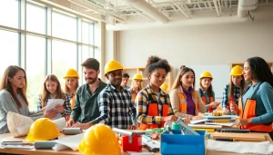 Students engaged in construction classes with tools and materials in a vibrant classroom setting.