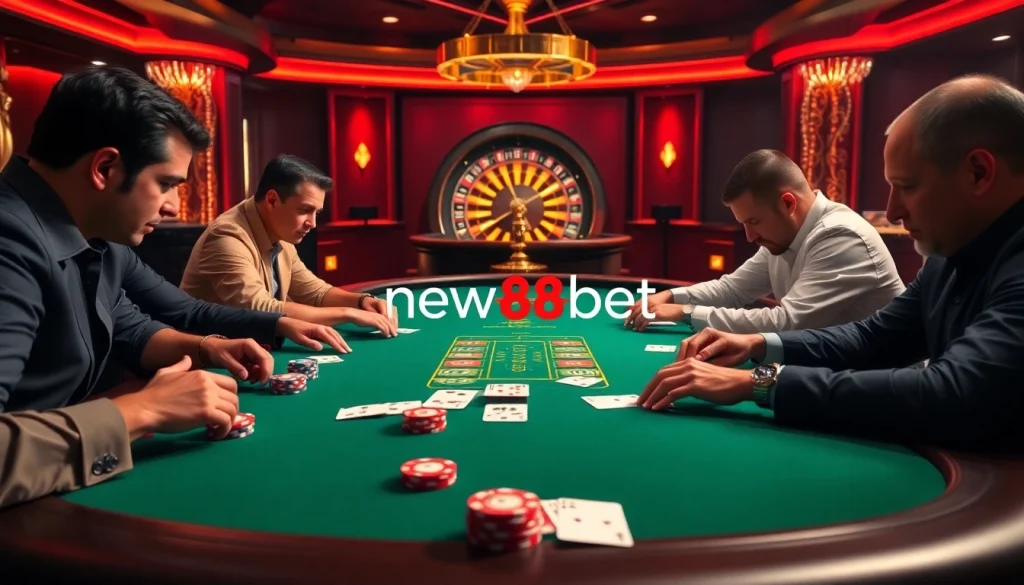 Engaged players at a new88bet poker table show excitement and strategy in a luxurious casino setting.