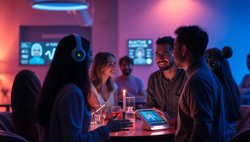 Engaging interaction between diverse individuals and AI in an intimate setting reflecting sex AI themes.