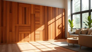 Crafted wood slat wall art enhancing a modern living space with warm tones.