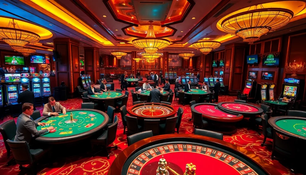 Players enjoying poker at a vibrant casino with https://febet8.com featured, showcasing excitement and strategy.