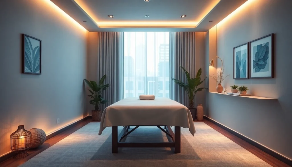 출장안마 services in an elegant, calming massage room designed for business travelers.