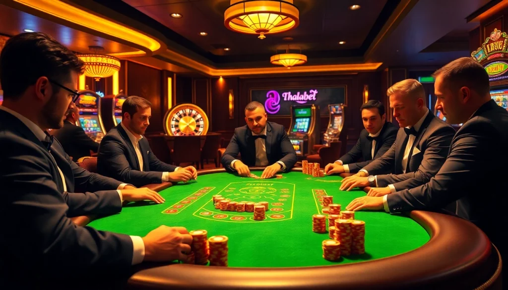 Engaging poker scene at a luxurious casino showcasing Thabet-themed elements in a thrilling game atmosphere.
