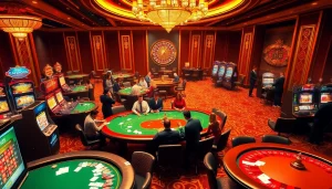 Engaging gambling scene at https://mm88.co.in/ featuring players at tables, slot machines, and celebrating wins.