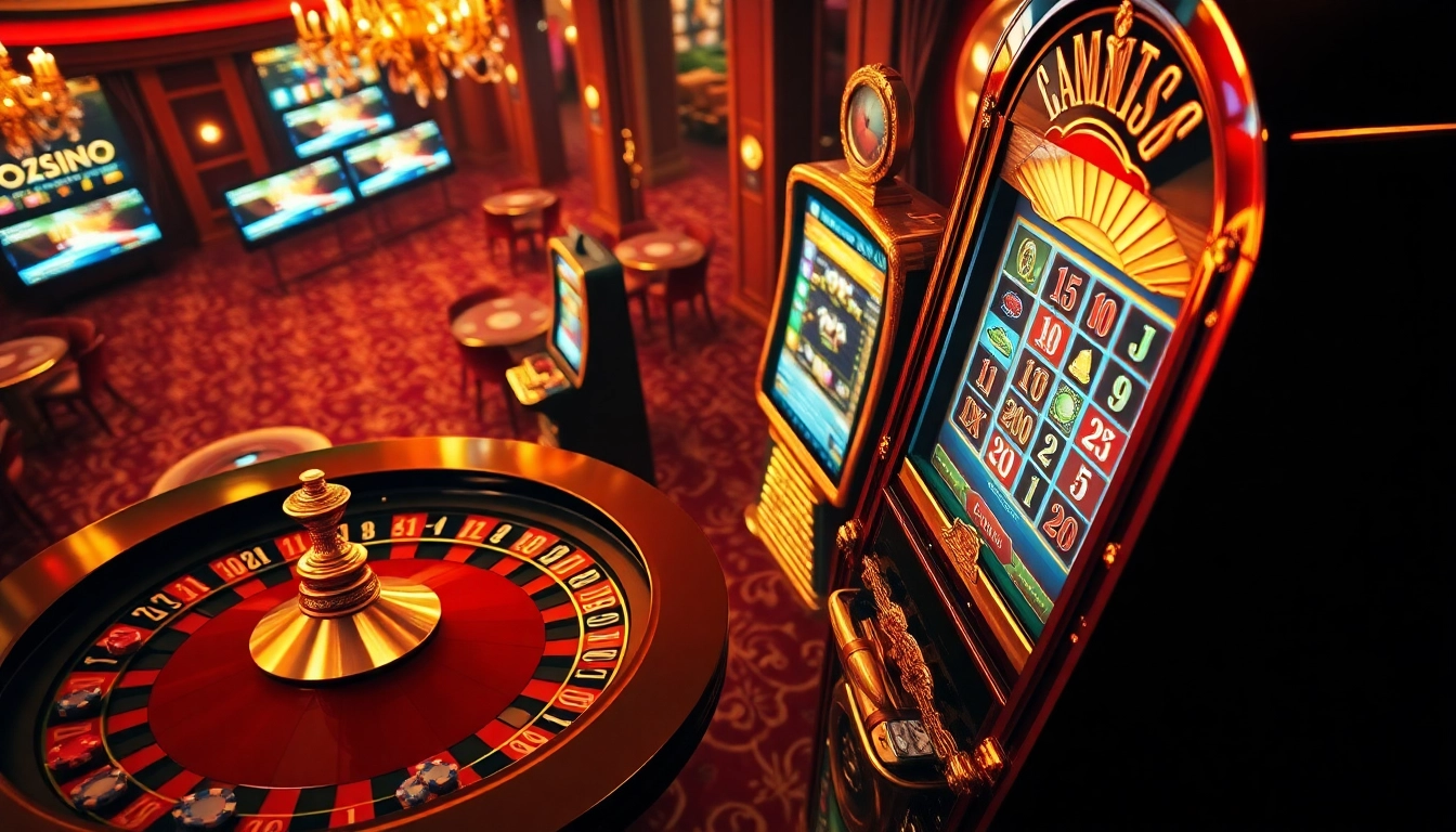 Vivez une expérience de jeu palpitante dans un casino en ligne avec des machines à sous colorées et des jetons de poker.