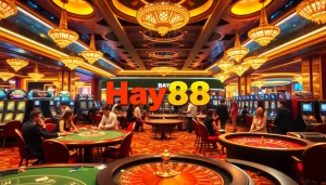 Experience high-stakes gaming action at Hay88 casino with vibrant tables and enthusiastic players.