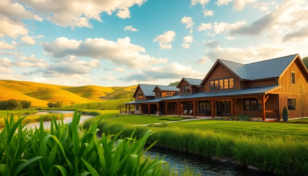 Winding River Farmhouse New Build showcasing modern design and lush green surroundings.