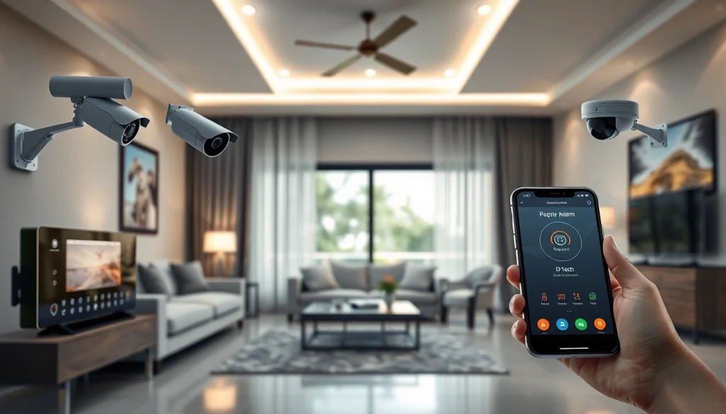 Hogar seguro con sistemas de alarmas de seguridad y cámaras de vigilancia modernas integradas en una decoración de sala de estar elegante.